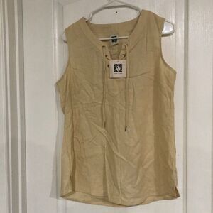 Anne Klein Womens Lace Up V-Neck‎ Sleeveless Linen Blend Top Cream Small NWT